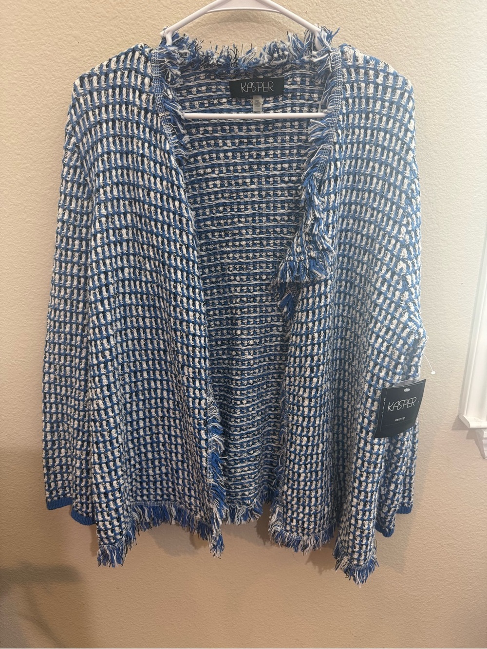 Kasper Blue and White Fringe Open-Front Cardigan